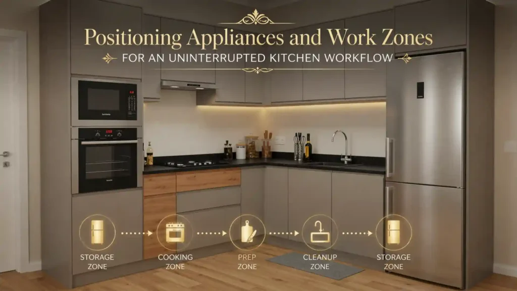 best modular kitchen in Rudrapur with organized appliance placement and functional work zones for smooth cooking workflow