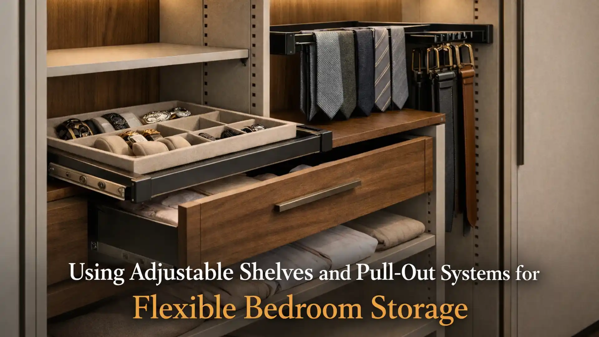 Modern modular wardrobe with pull-out drawers, adjustable shelves, tie rack, and organized storage compartments showing space-efficient wardrobe design in Haldwani