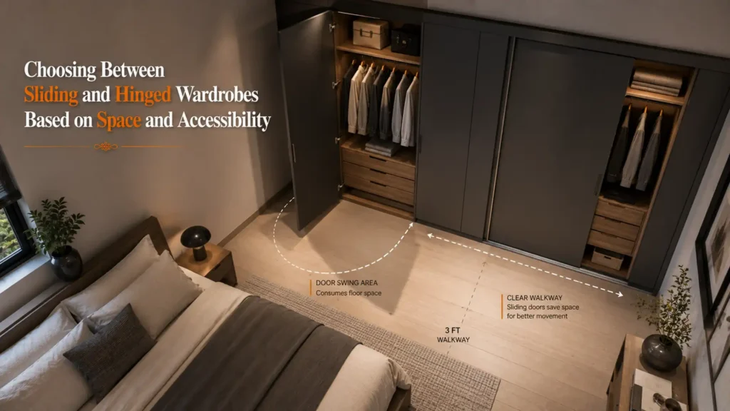 Best Modular Wardrobes in Uttarakhand featuring sliding and hinged wardrobe designs optimized for storage, accessibility, and bedroom space efficiency