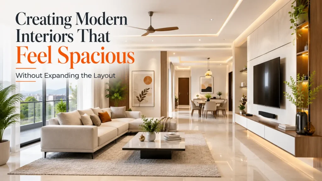 Modern Interior Designs in Haldwani featuring an open-concept living room with premium finishes, smart lighting, contemporary furniture, and spacious interior planning