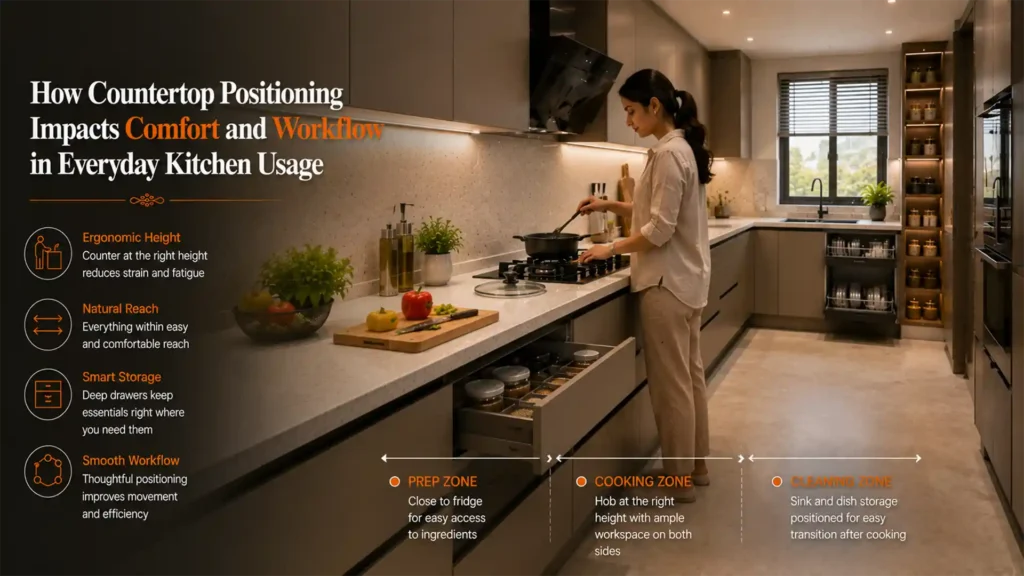 Best Modular Kitchen in Uttarakhand featuring ergonomic countertop positioning, smart storage solutions, and an efficient workflow layout for modern homes