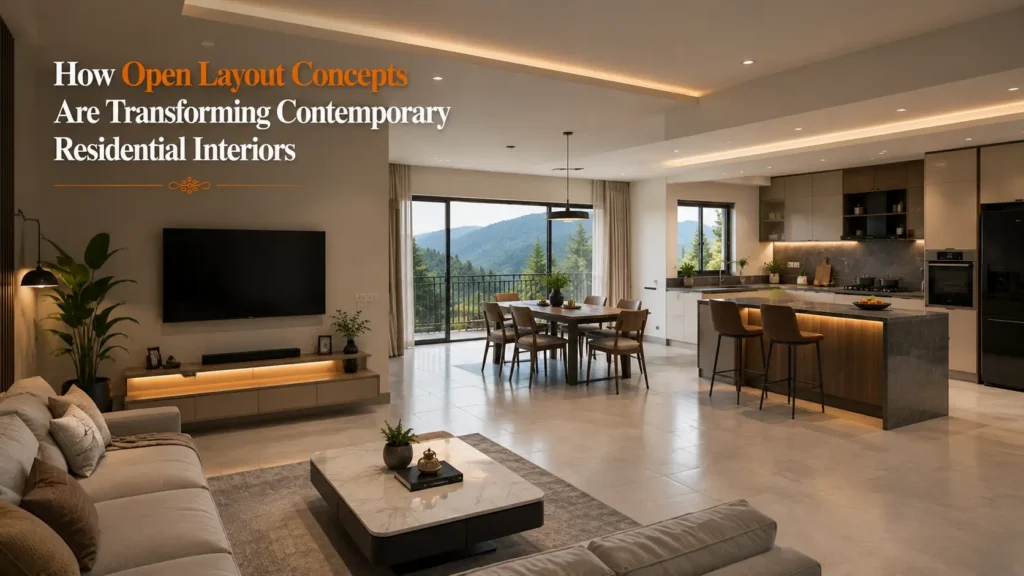 Spacious contemporary home showcasing Modern interior designs in Uttarakhand with an open layout, modular kitchen, elegant living area, and premium finishes