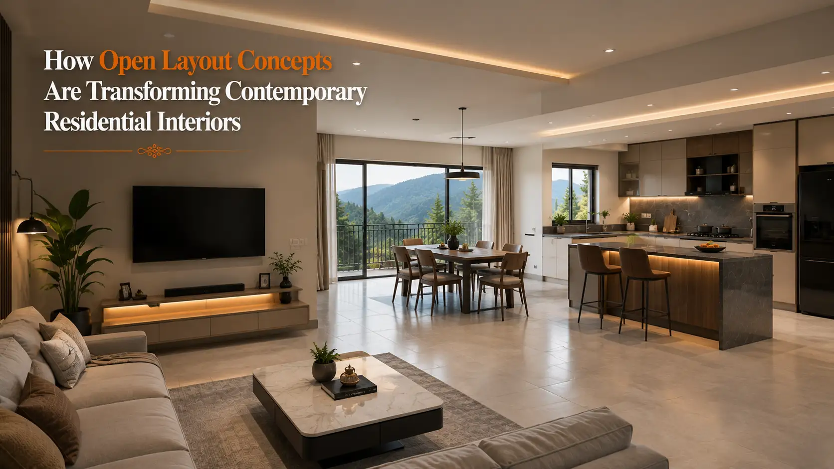 Spacious contemporary home showcasing Modern interior designs in Uttarakhand with an open layout, modular kitchen, elegant living area, and premium finishes