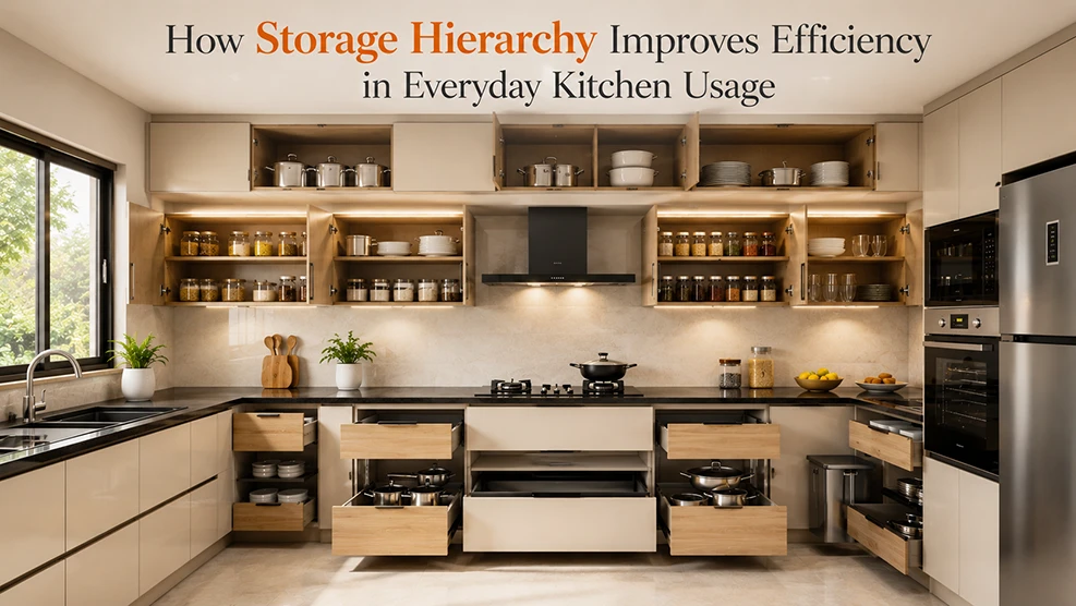 Best modular kitchen in Uttarakhand with organized storage hierarchy, wall cabinets, overhead units, pull-out drawers, and modern kitchen accessories for efficient space management