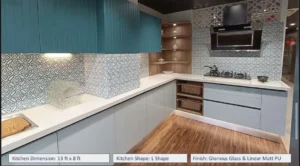 Elegant L-shaped modular kitchen with glass finish cabinets, matt PU shutters, designer backsplash, and smart storage solutions – Contact for Custom Kitchen and Wardrobes in Uttarakhand