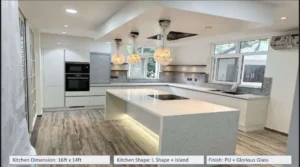 Modern island modular kitchen with glossy white cabinets, spacious countertop, pendant lighting, and luxury storage solutions – Contact for Custom Kitchen and Wardrobes in Uttarakhand