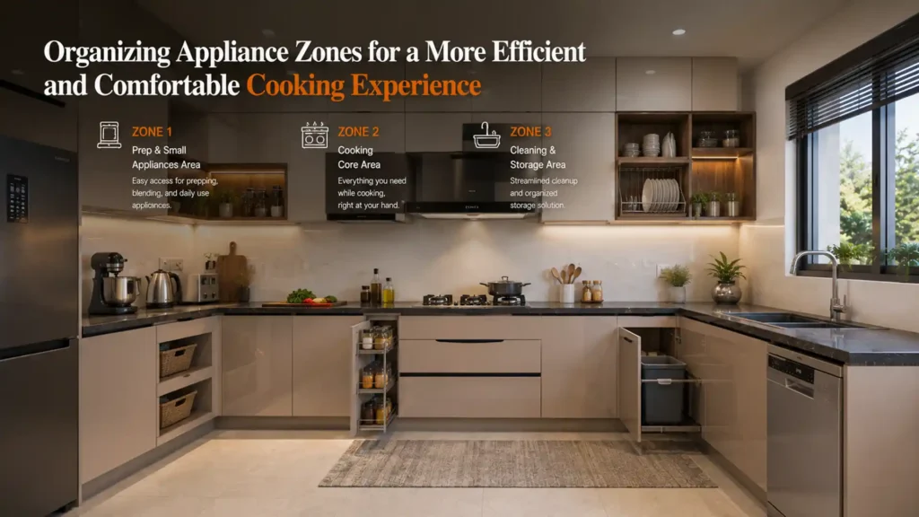 Best Modular Kitchen in Rudrapur featuring organized appliance zones, modern cabinetry, optimized storage solutions, and a functional kitchen layout for enhanced cooking efficiency