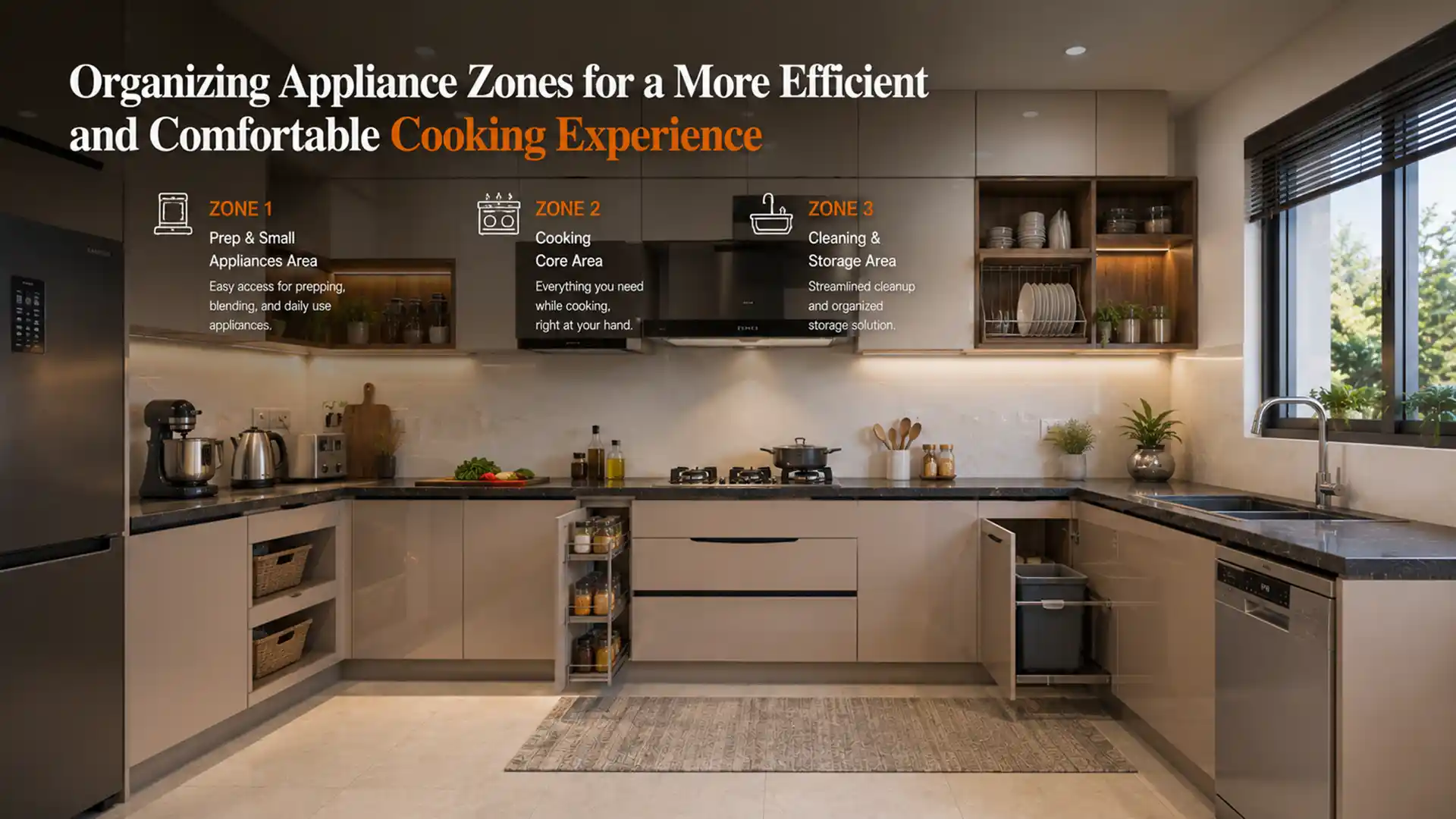 Best Modular Kitchen in Rudrapur featuring organized appliance zones, modern cabinetry, optimized storage solutions, and a functional kitchen layout for enhanced cooking efficiency