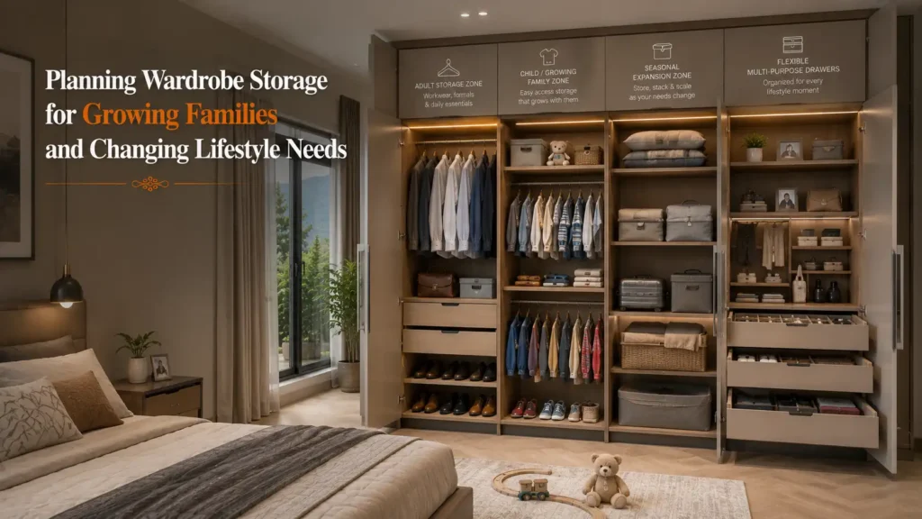Modern bedroom featuring the Best modular wardrobes in Haldwani with organized storage for clothes, accessories, seasonal items, and growing family needs