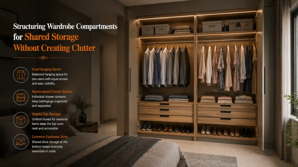 Best Modular Wardrobes in Haldwani featuring smart compartments, dual hanging sections, drawer organizers, and clutter-free shared storage solutions
