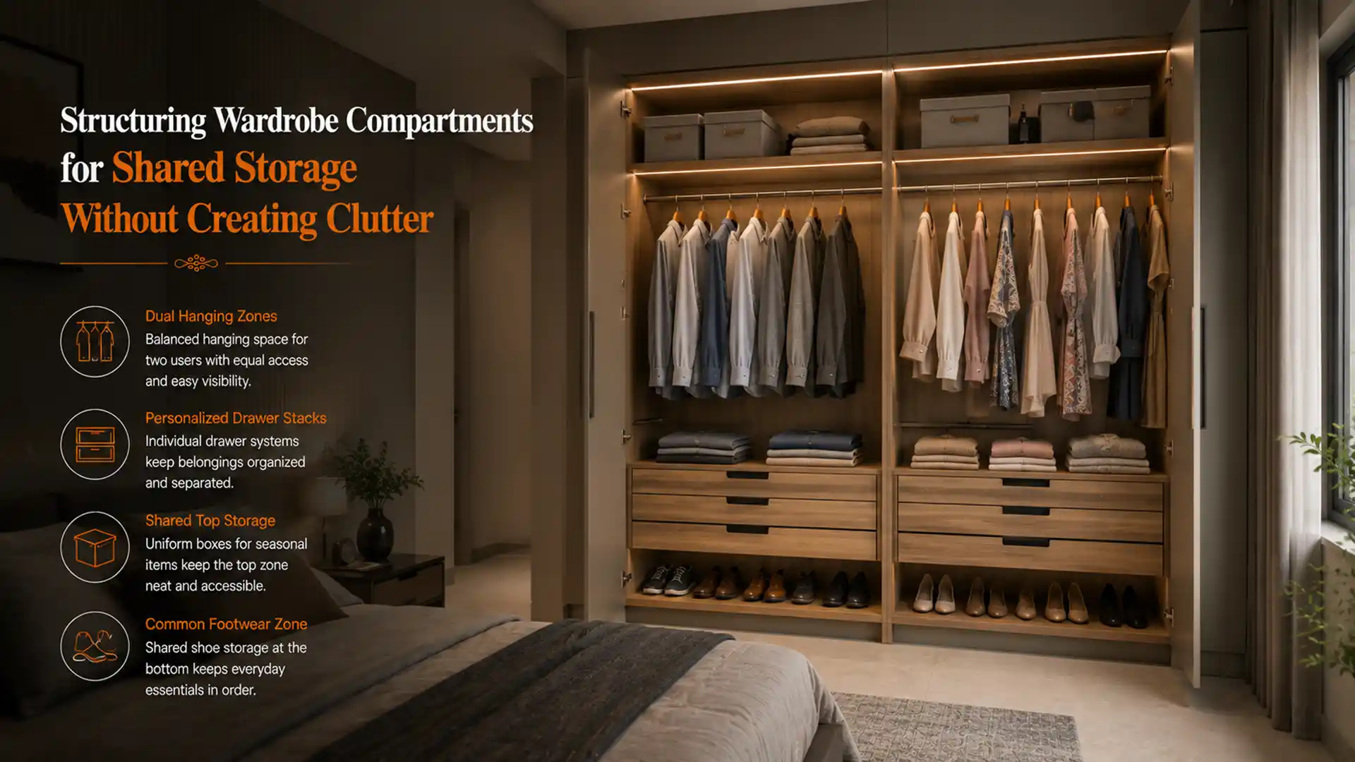 Best Modular Wardrobes in Haldwani featuring smart compartments, dual hanging sections, drawer organizers, and clutter-free shared storage solutions