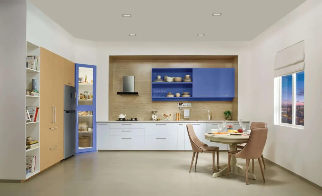 Contemporary modular kitchen with integrated dining area, premium cabinetry, smart storage solutions, and elegant finishes by Nishan Interio – Best Modular Kitchen and Wardrobes in Uttarakhand
