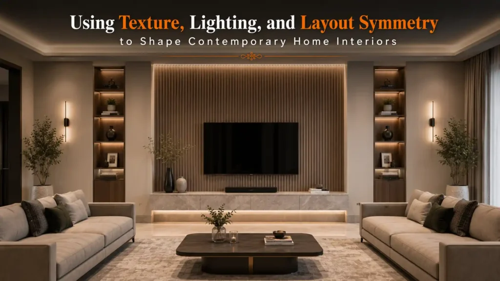 Modern interior designs in Haldwani featuring balanced layouts, ambient lighting, textured wall panels, and contemporary living room aesthetics for stylish and functional homes