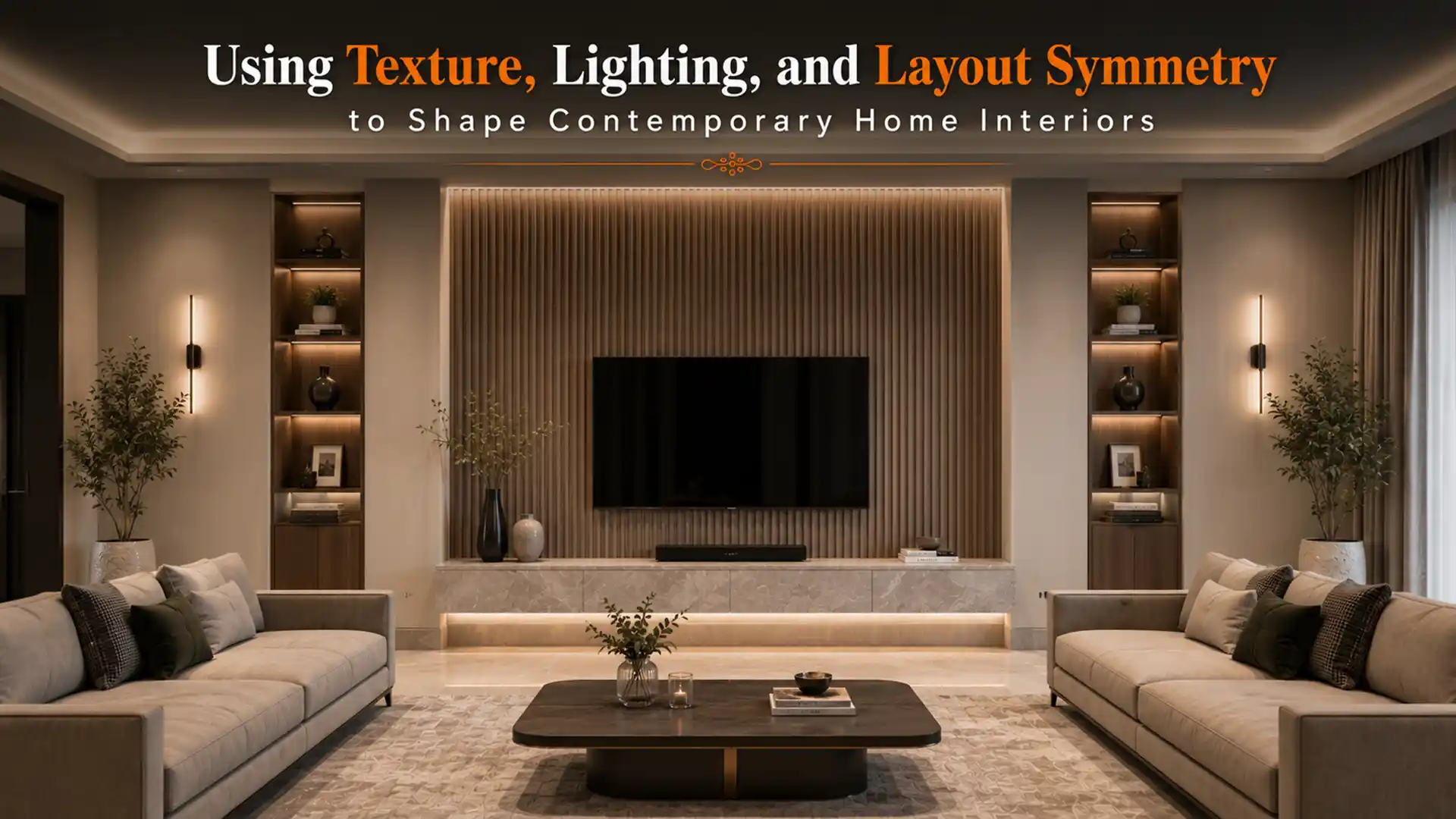 Modern interior designs in Haldwani featuring balanced layouts, ambient lighting, textured wall panels, and contemporary living room aesthetics for stylish and functional homes