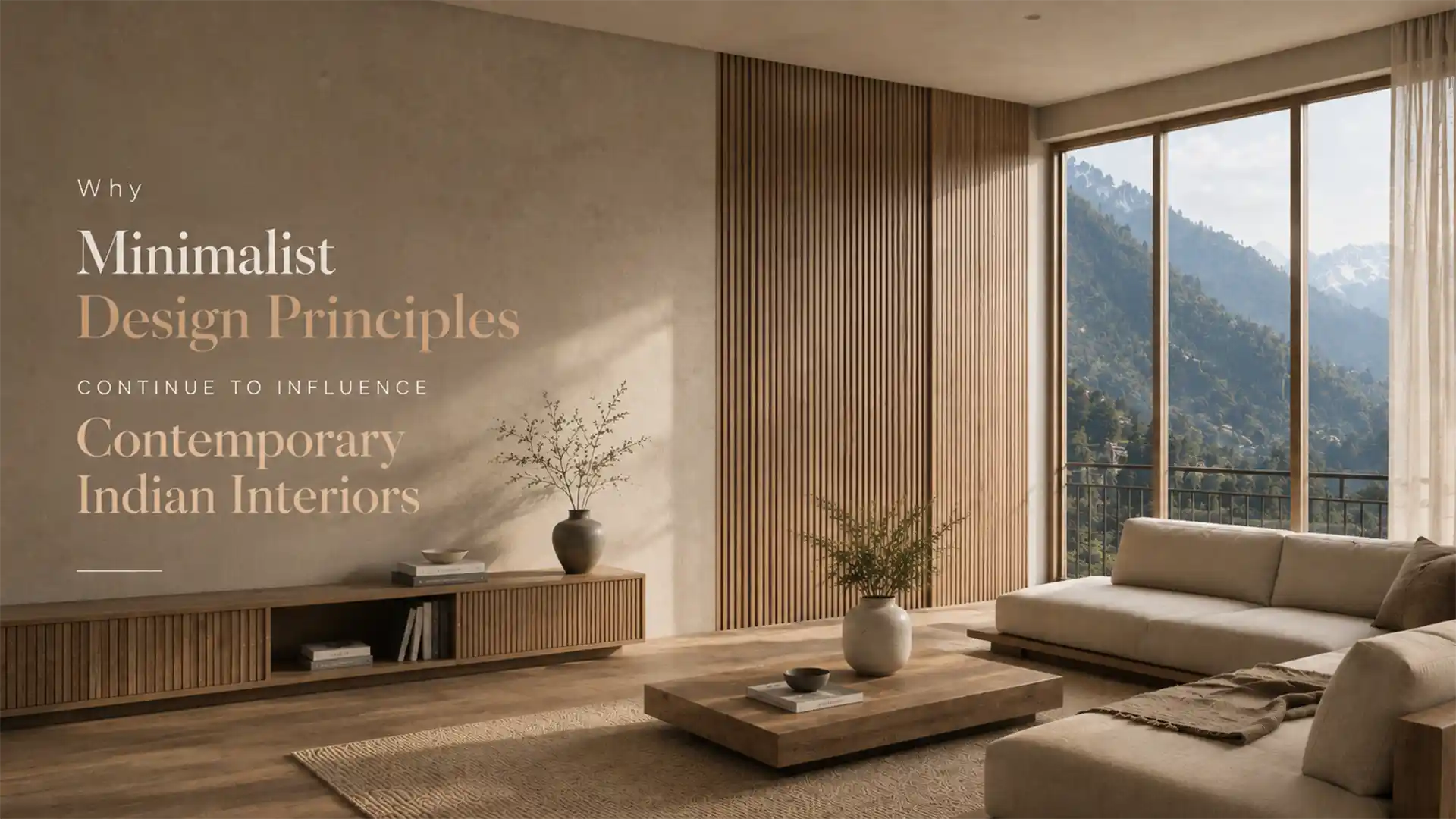 Modern Interior Designs in Uttarakhand featuring minimalist aesthetics, natural materials, wooden wall panels, and spacious contemporary living spaces