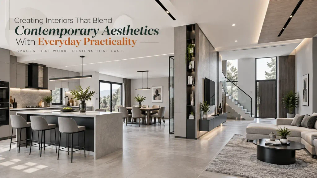 Modern Interior Designs in Haldwani featuring an open-plan living, dining, and kitchen space with contemporary finishes and practical layouts