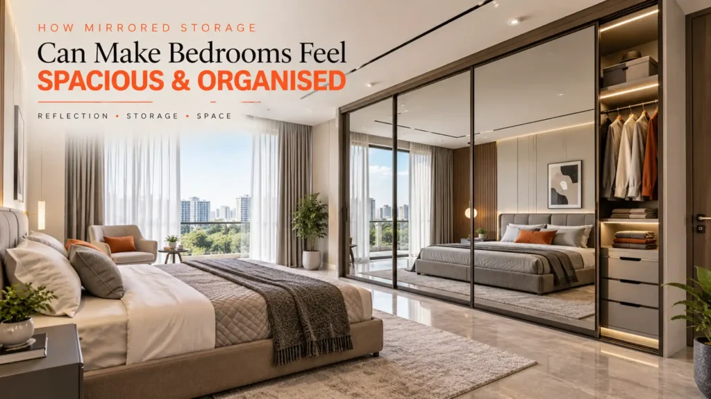Sliding Mirror Wardrobe in a modern bedroom featuring full-height mirrored doors, organized internal storage, hanging space, shelves, and drawers
