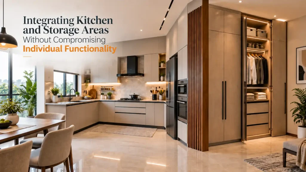 Best Modular Kitchen and Wardrobes in Kashipur showing a modern kitchen integrated with full-height wardrobe and organized storage areas