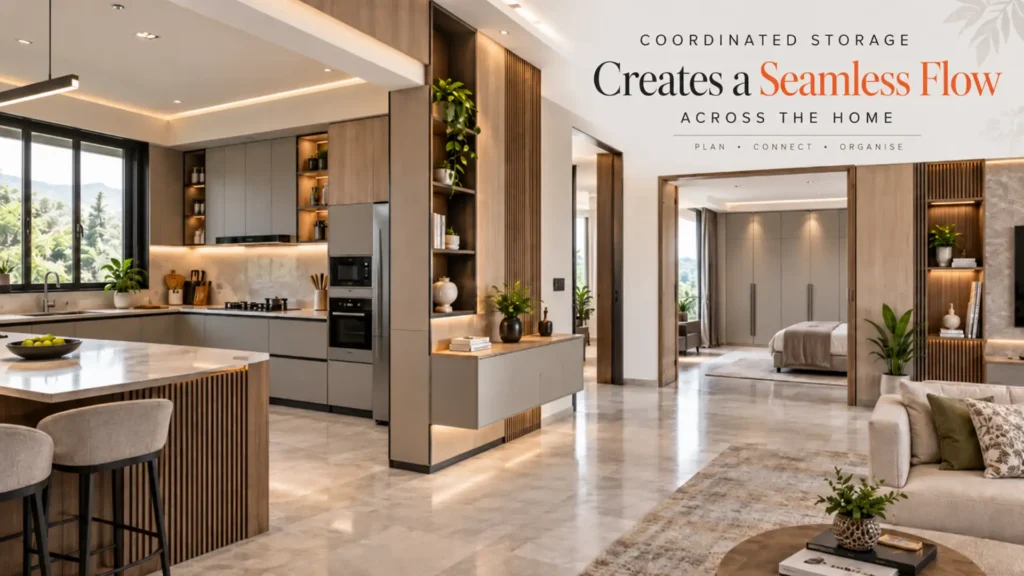 Best Modular Kitchen and Wardrobes in Uttarakhand featuring coordinated kitchen cabinetry, wardrobe storage, wood accents, and a seamless modern home layout