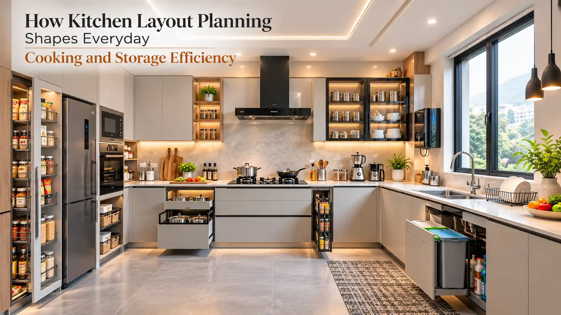 Best Modular Kitchen in Uttarakhand showing a modern U-shaped kitchen with tall pantry storage, pull-out drawers, organized cabinets, appliances, and dedicated cooking areas