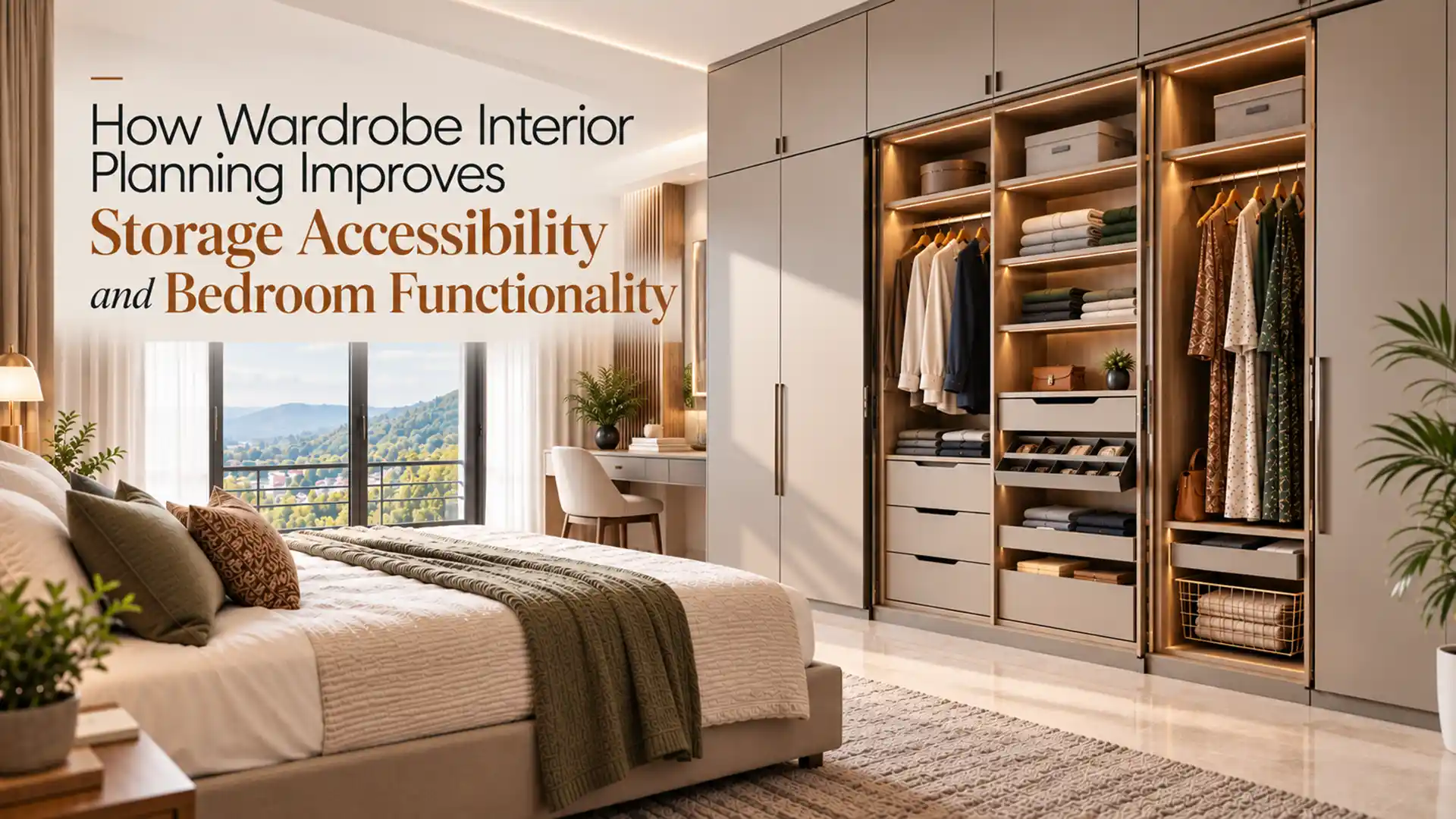 Best Modular Wardrobes in Uttarakhand keyword image showing a modern bedroom wardrobe with hanging sections, drawers, open shelves, overhead cabinets, and organized storage