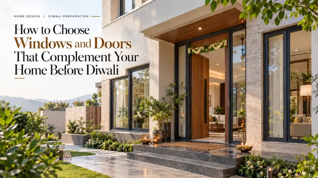 Modern villa entrance with black-framed glass windows, a wooden front door, floral decorations, and Diwali diyas, illustrating design options for the Best windows and doors in Uttarakhand