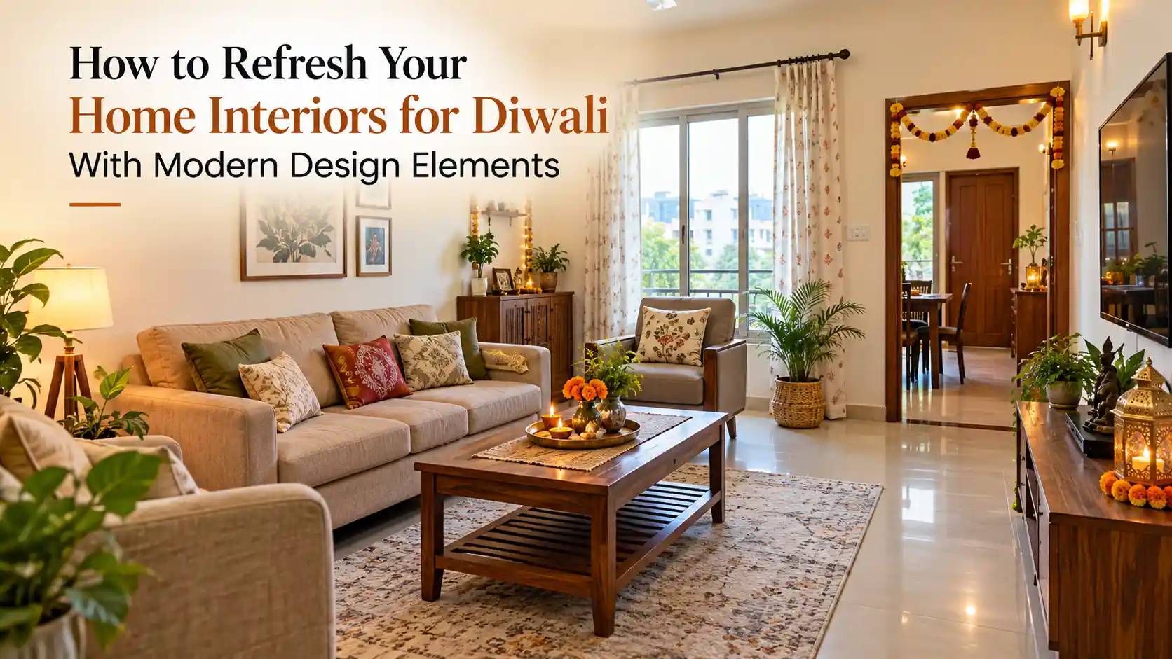 Modern Interior Designs in Uttarakhand featuring a living room decorated for Diwali with beige sofas, wooden furniture, indoor plants, decorative lamps, and festive diyas